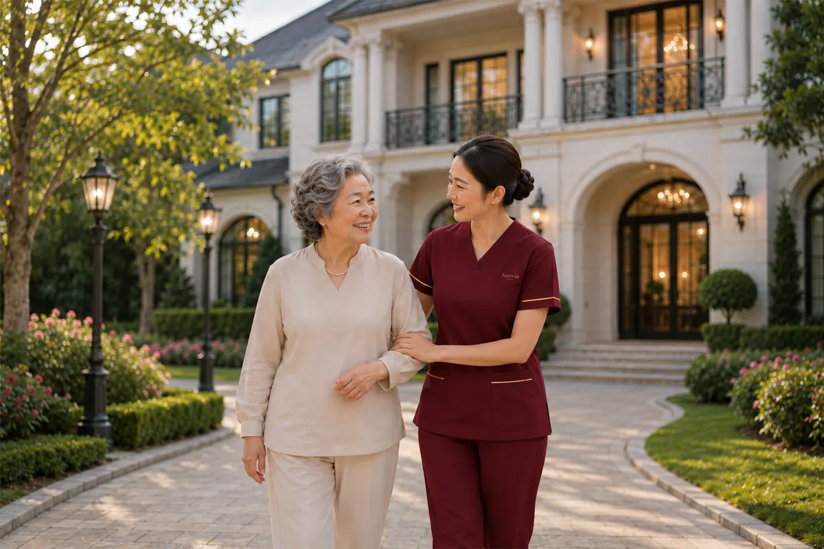 A nurse and an elderly woman walking together along a sunlit driveway in front of a family home