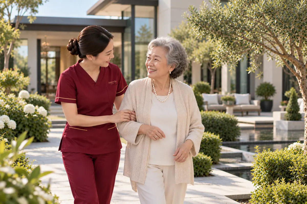 A nurse walking arm in arm with an elderly woman in a landscaped garden
