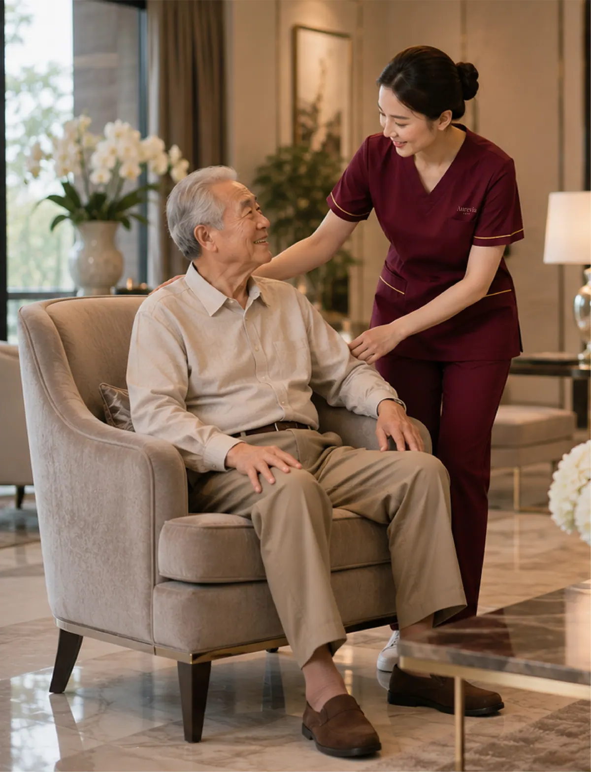 A nurse leans in to speak with an elderly man seated in an armchair