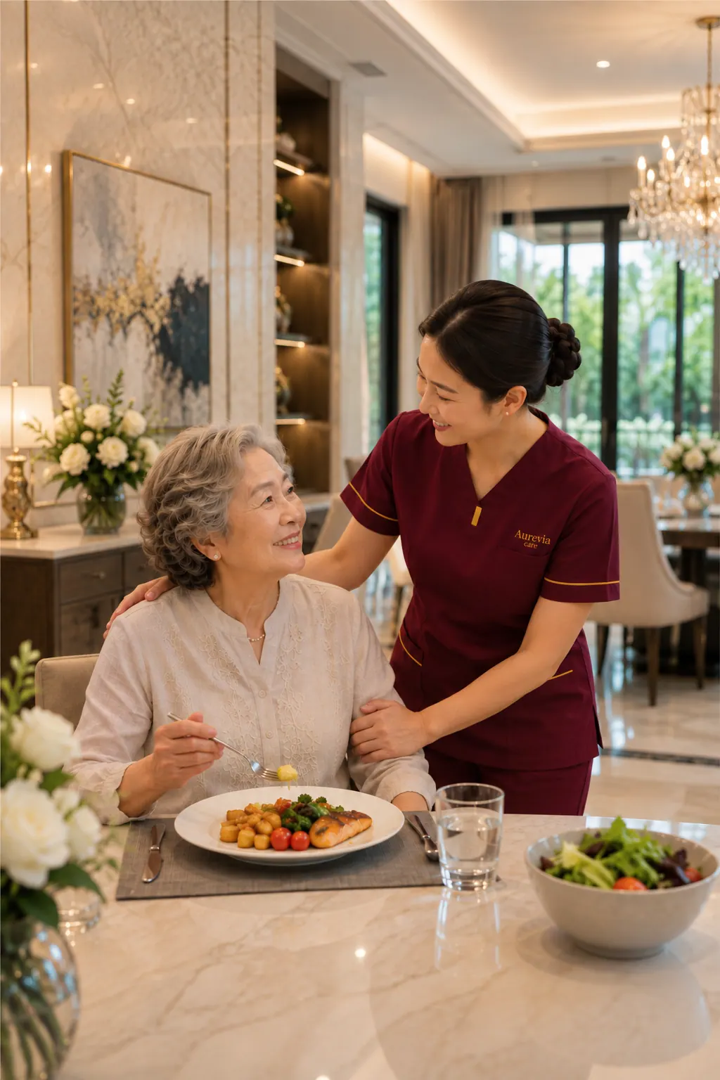 A nurse attends to an elderly woman at the dining table during lunch