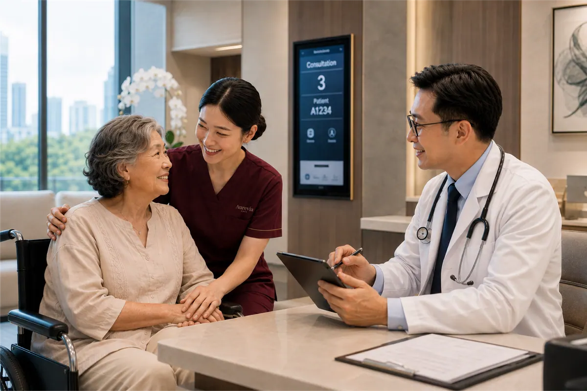 A nurse sits with an elderly woman as a doctor reviews her notes on a tablet