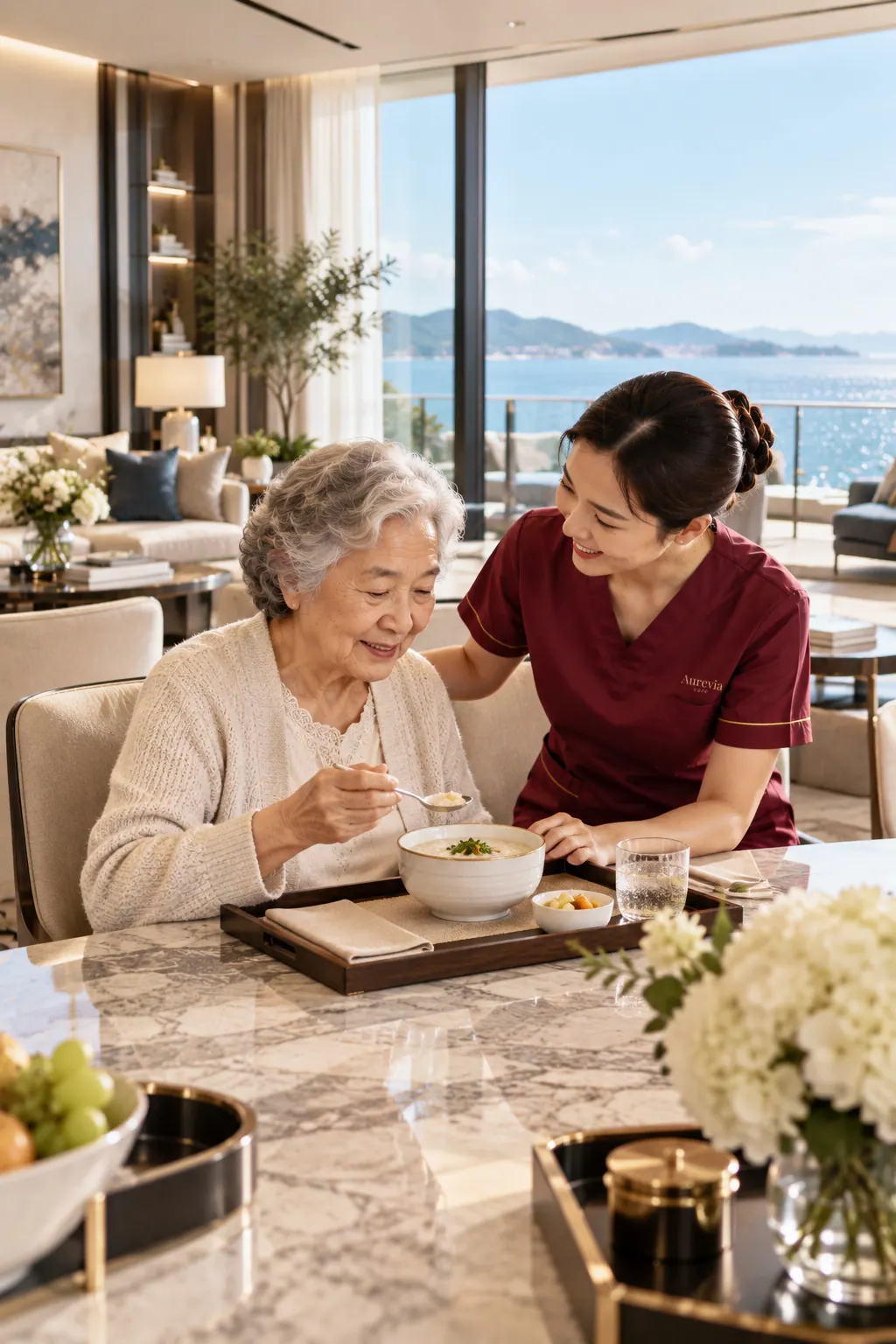 A nurse sits with an elderly woman as she eats a meal at the table