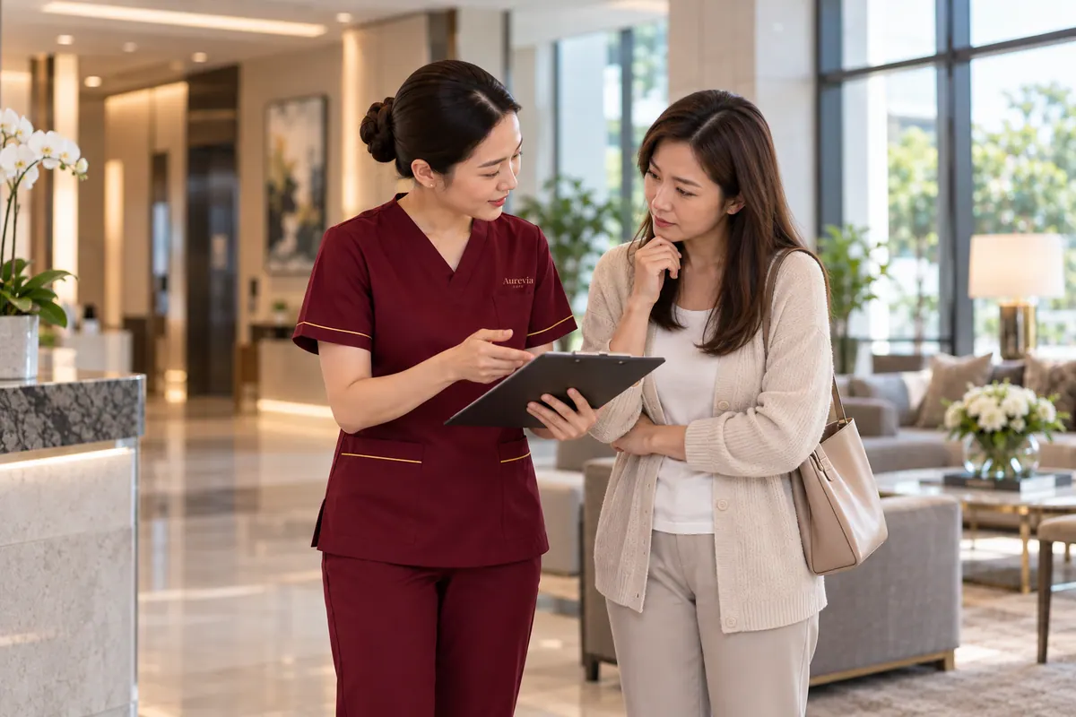 A nurse explains a care plan on a clipboard to a family member