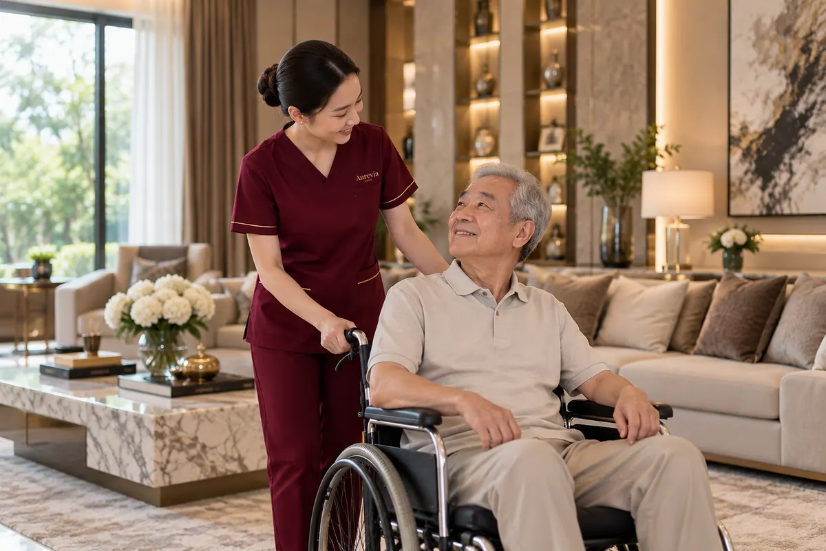 A nurse guides an elderly man in a wheelchair through his living room