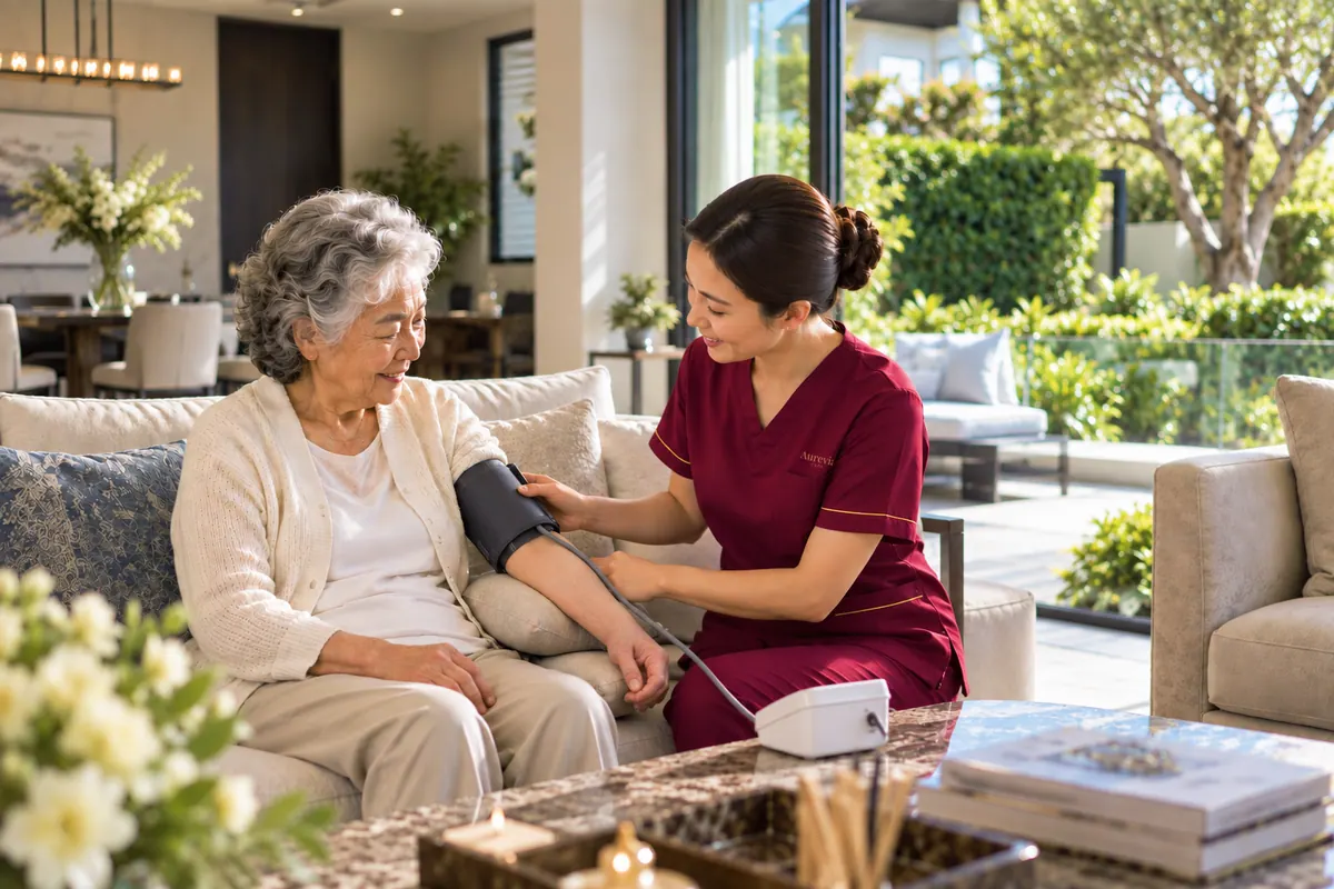 A nurse taking an elderly woman's blood pressure on the sofa