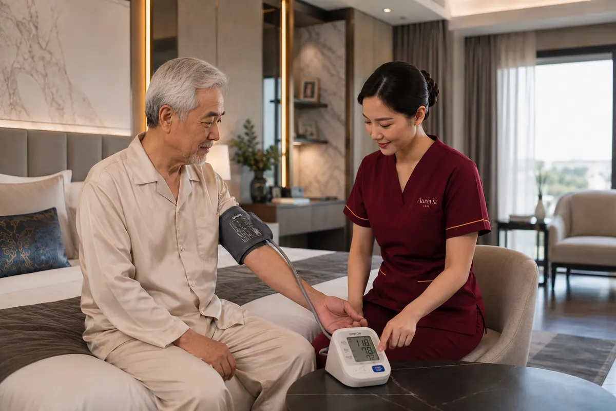 A nurse measuring an elderly man's blood pressure as he sits on the edge of his bed