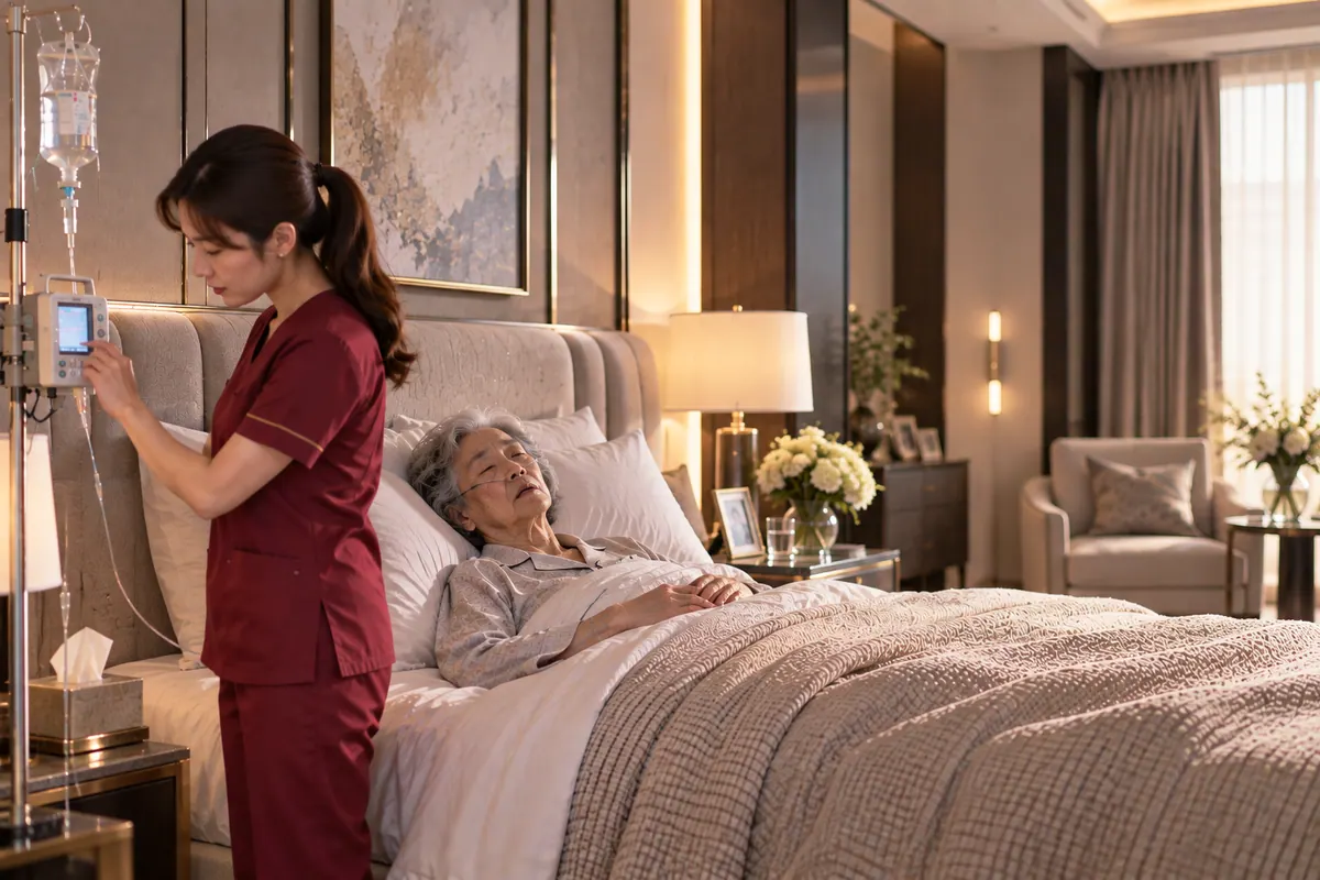 A nurse adjusts an infusion beside an elderly woman resting in bed