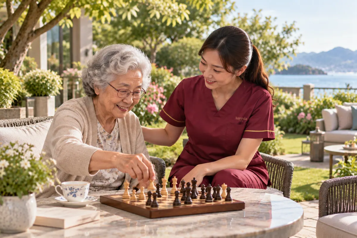 An elderly woman playing chess in the garden while a nurse sits beside her
