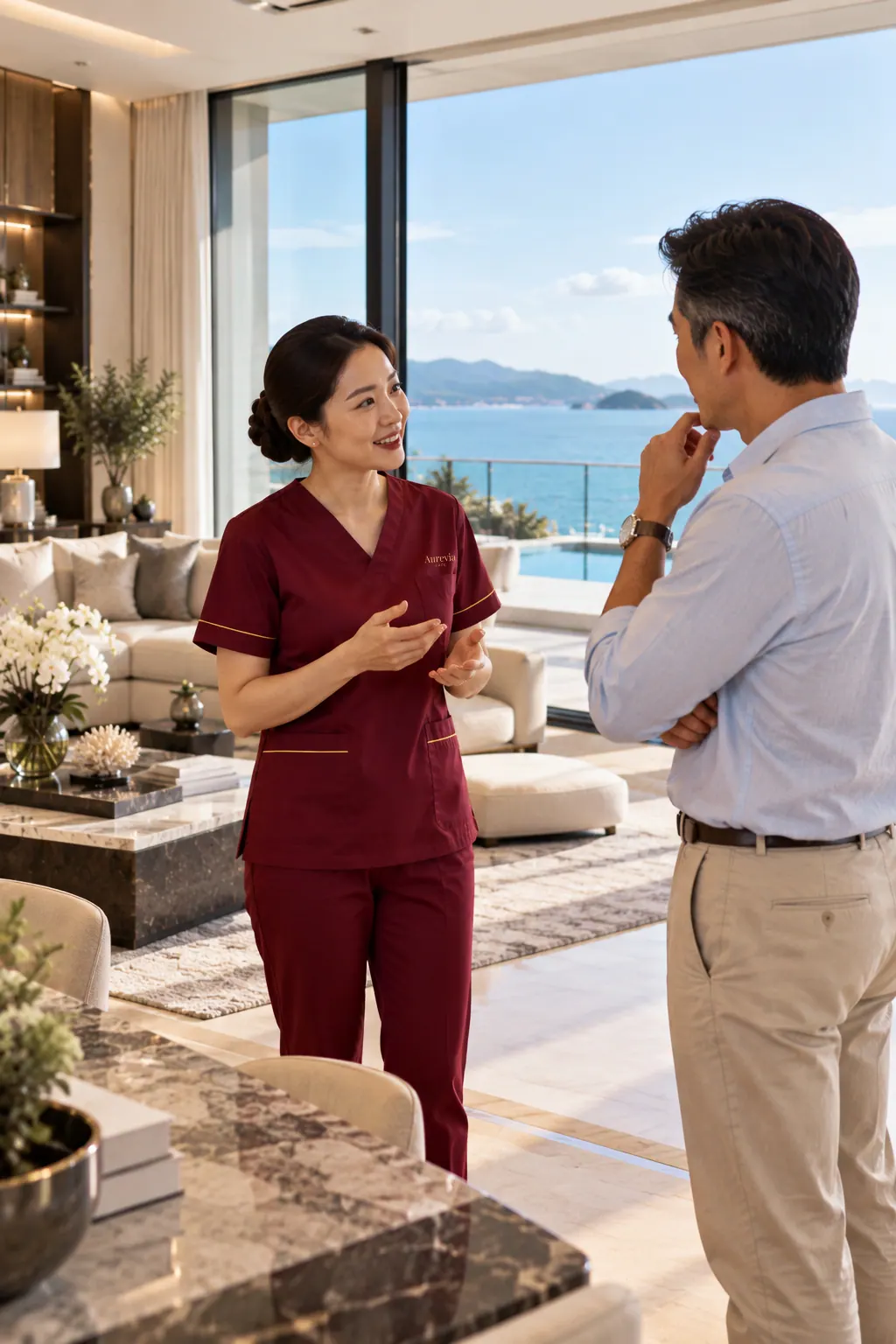 A nurse speaking with a family member in a bright living room