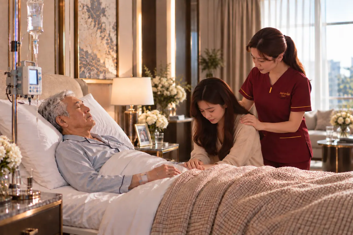 A nurse comforts a grieving daughter at her father's bedside