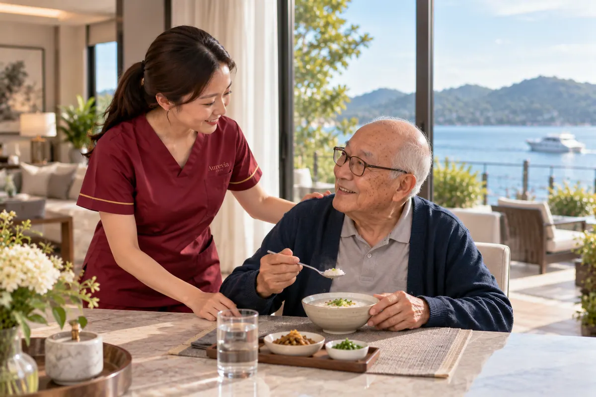 A nurse sits with an elderly man as he eats breakfast by a window overlooking the sea