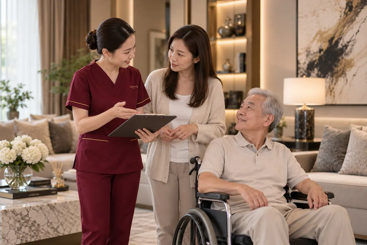 A nurse shares health notes with a daughter while her father listens from his wheelchair