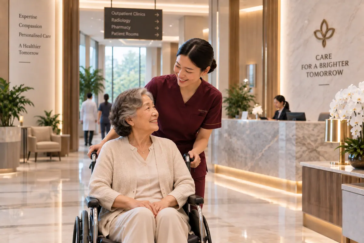 A nurse pushes an elderly woman in a wheelchair through a hospital lobby