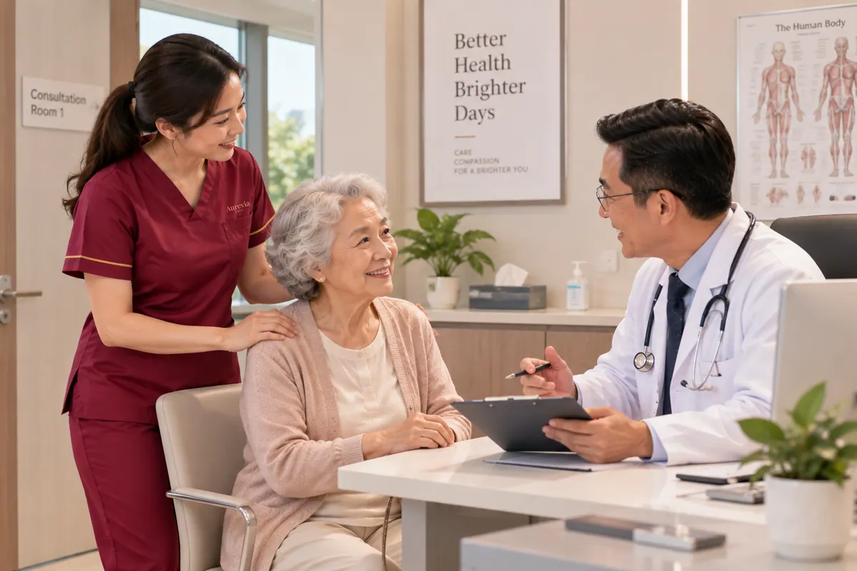 A nurse accompanies an elderly woman during a consultation with her doctor