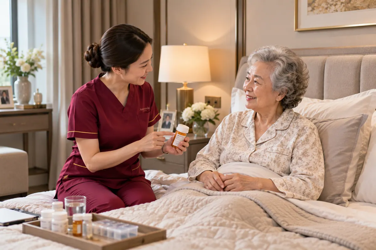 A nurse explains a medication to an elderly woman sitting up in bed