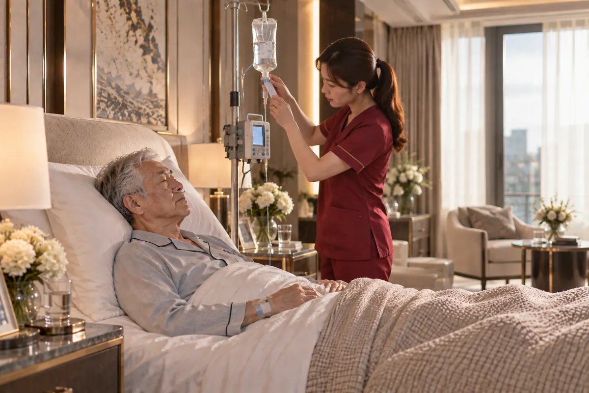 A nurse checks an infusion line at the bedside of an elderly man
