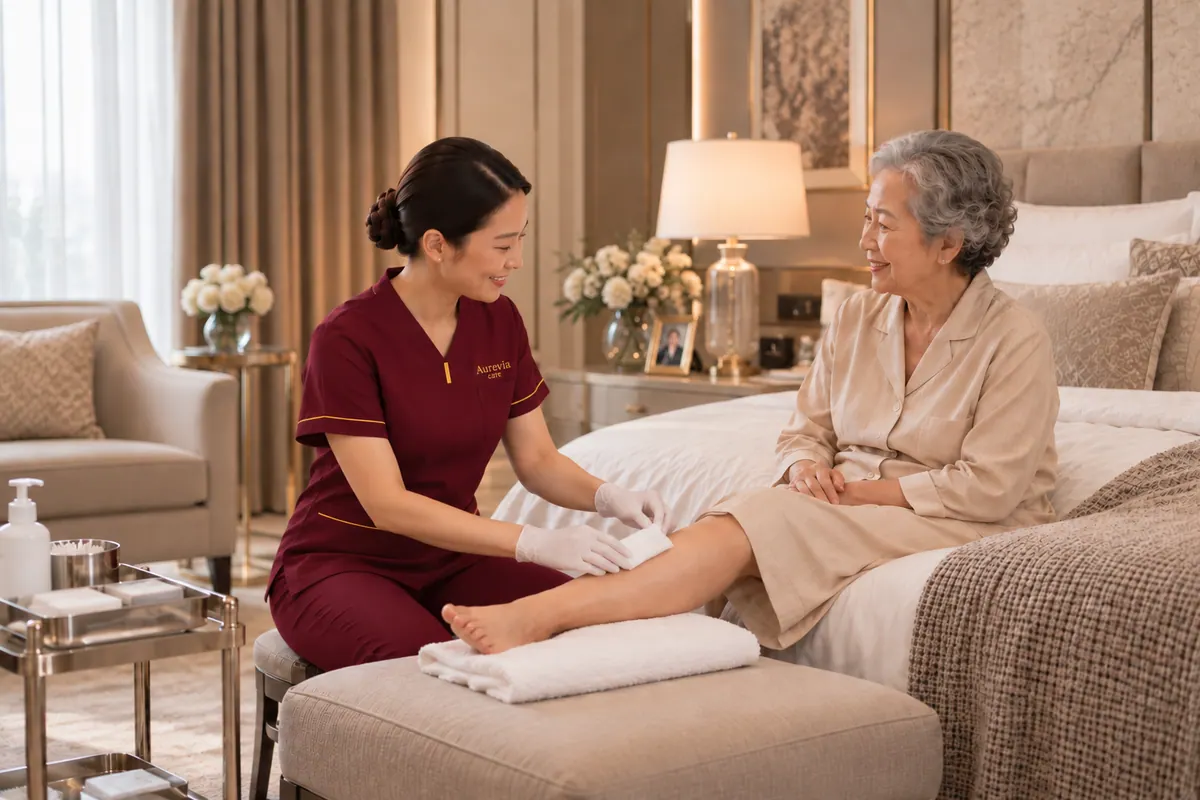 A nurse wearing gloves checks an elderly woman's leg as she sits on her bed
