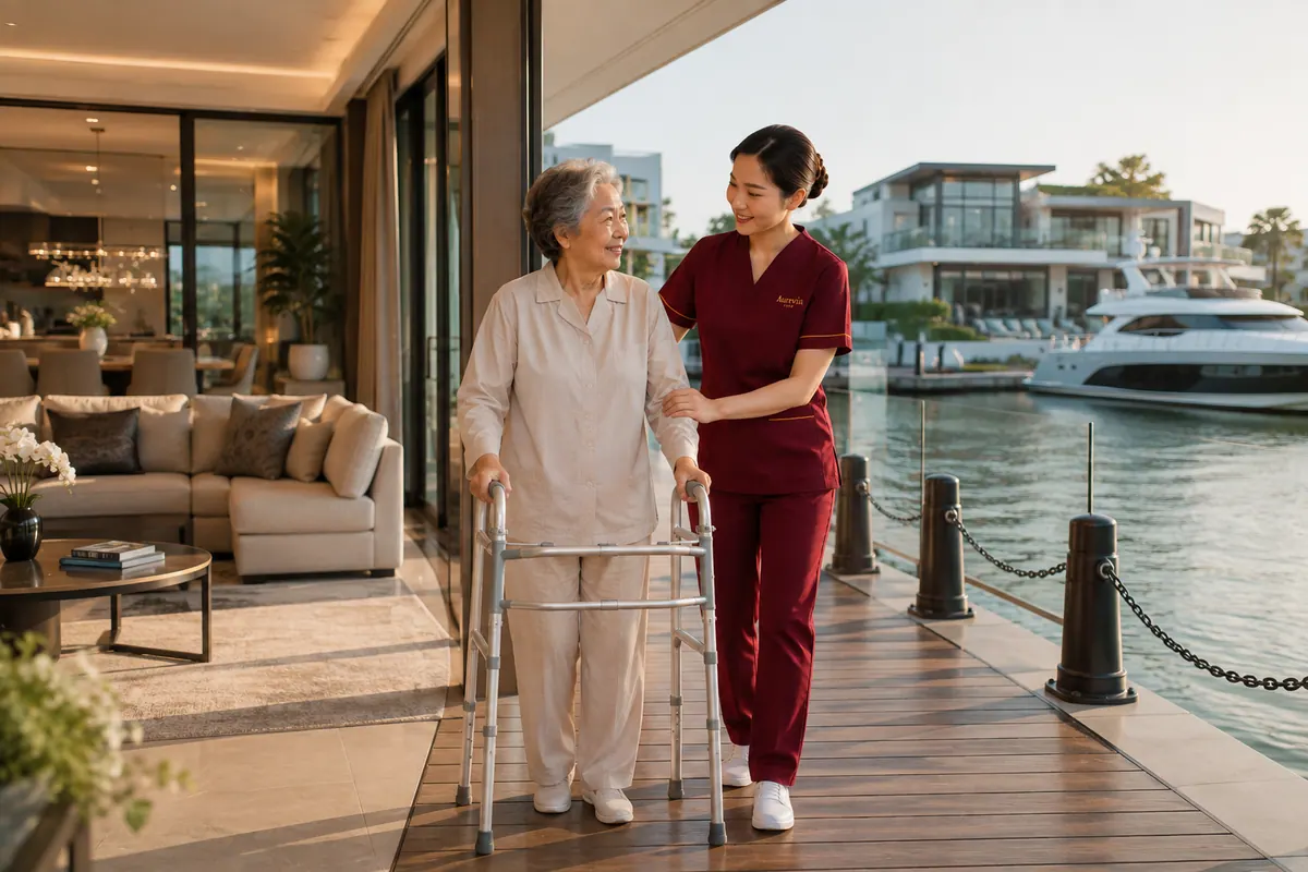 A nurse walks beside an elderly woman using a walking frame on a sunlit terrace