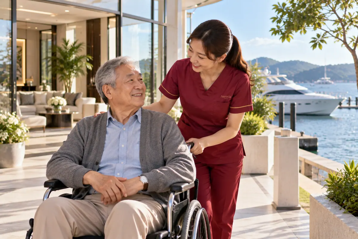 A nurse attends to an elderly man in a wheelchair on a terrace overlooking the water