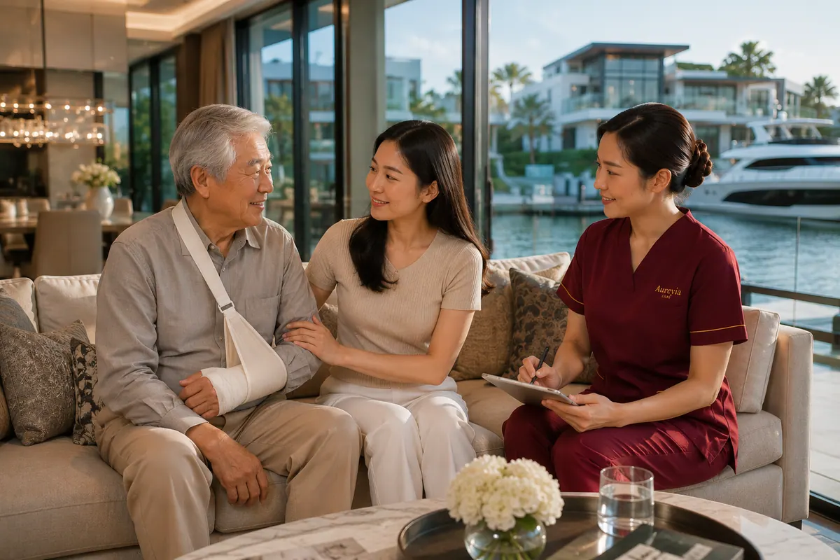 A nurse reviews notes with an elderly man in an arm sling and his daughter