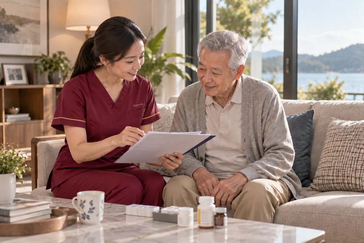 A nurse reviewing documents with an elderly man on his sofa
