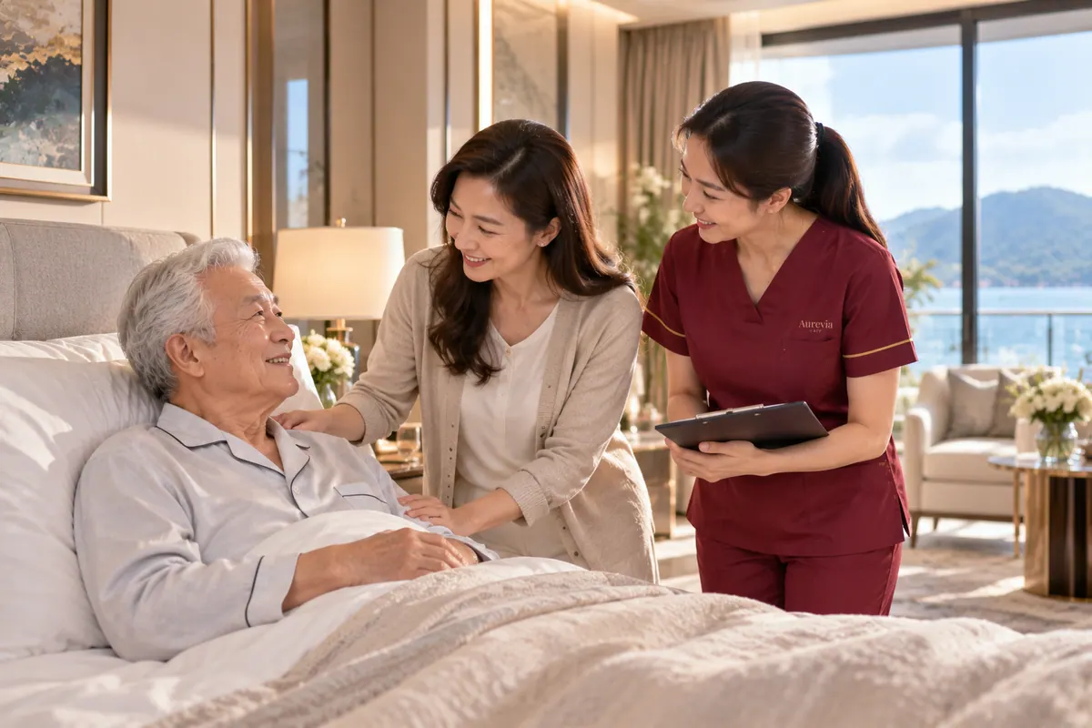 A nurse and a daughter smile with an elderly man resting in bed