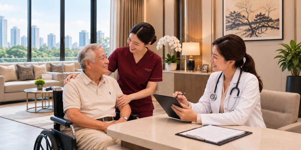A nurse accompanies an elderly man in a wheelchair during a consultation with his doctor