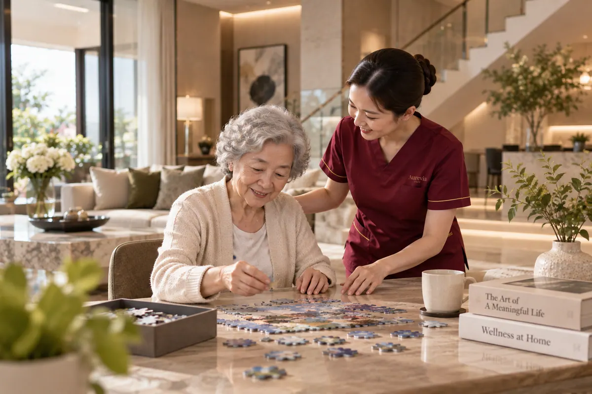 A nurse and an elderly woman working on a puzzle in a bright living room