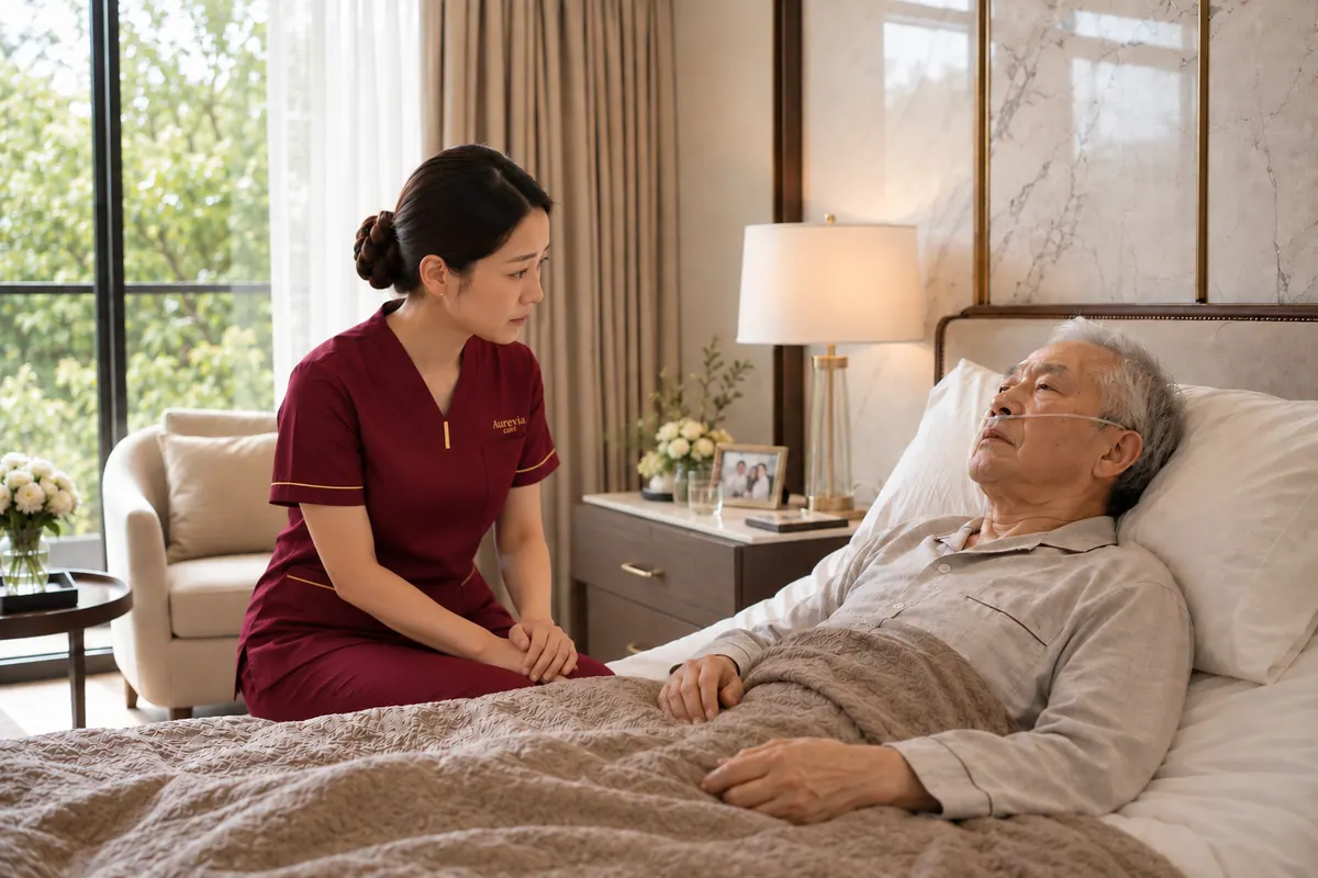 A nurse sits beside the bed of an elderly man resting peacefully