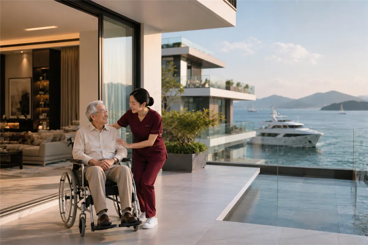 A nurse with an elderly man in a wheelchair on a terrace by the water