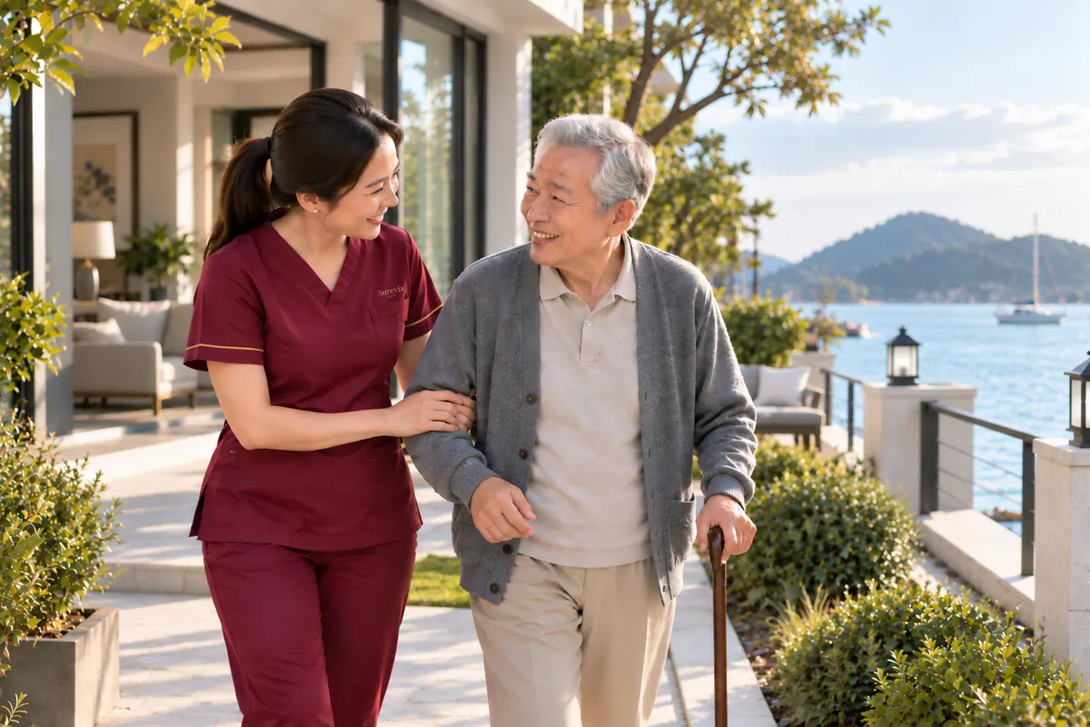 A nurse walks beside an elderly man with a cane along a seaside path