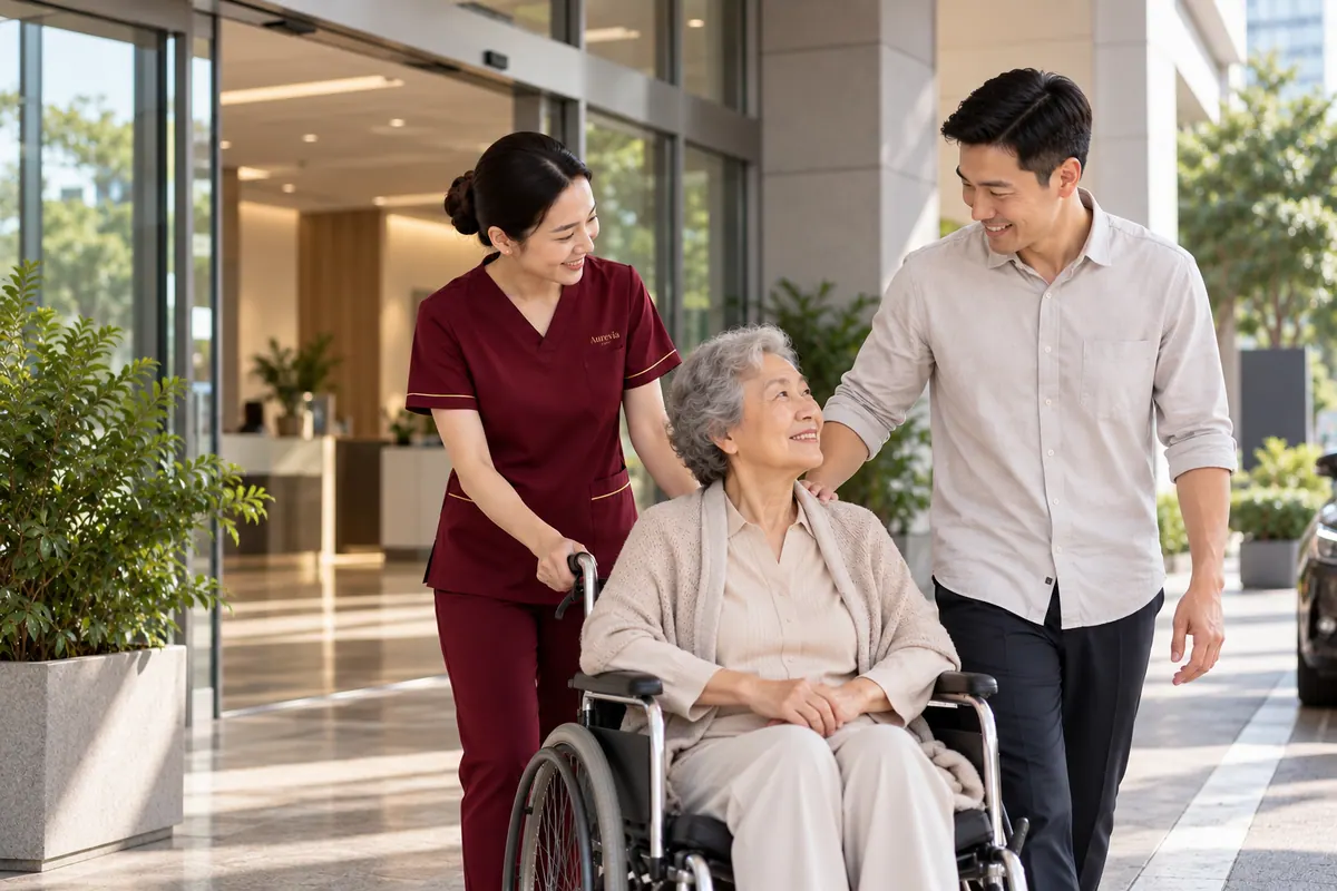 An elderly woman in a wheelchair arriving home with a nurse and her son