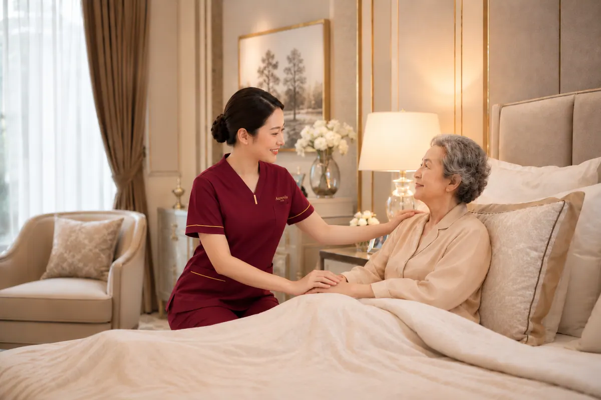 A nurse rests a reassuring hand on the shoulder of an elderly woman sitting up in bed