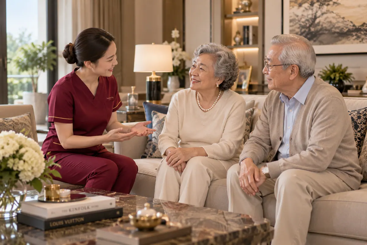 An Aurevia nurse in warm conversation with an elderly couple on their sofa