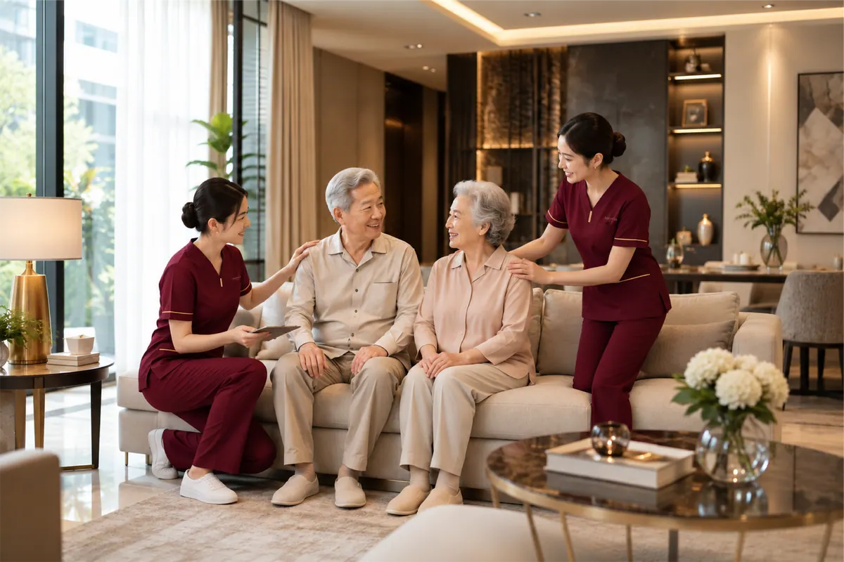 Two Aurevia nurses in burgundy uniforms sitting with an elderly couple on a sofa in a sunlit Singapore living room