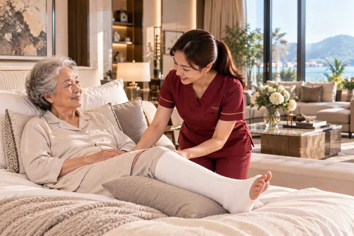 A nurse settles an elderly woman with a bandaged leg comfortably in bed