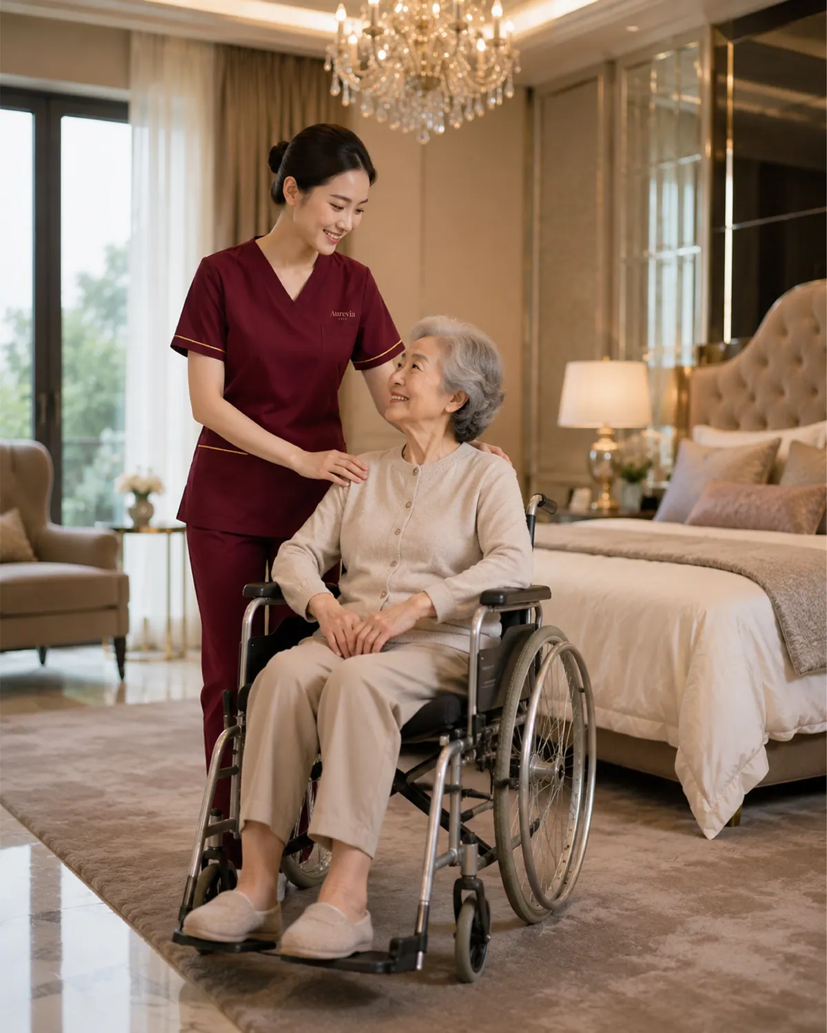 An Aurevia nurse resting a hand on the shoulder of an elderly woman seated in a wheelchair in a quiet bedroom