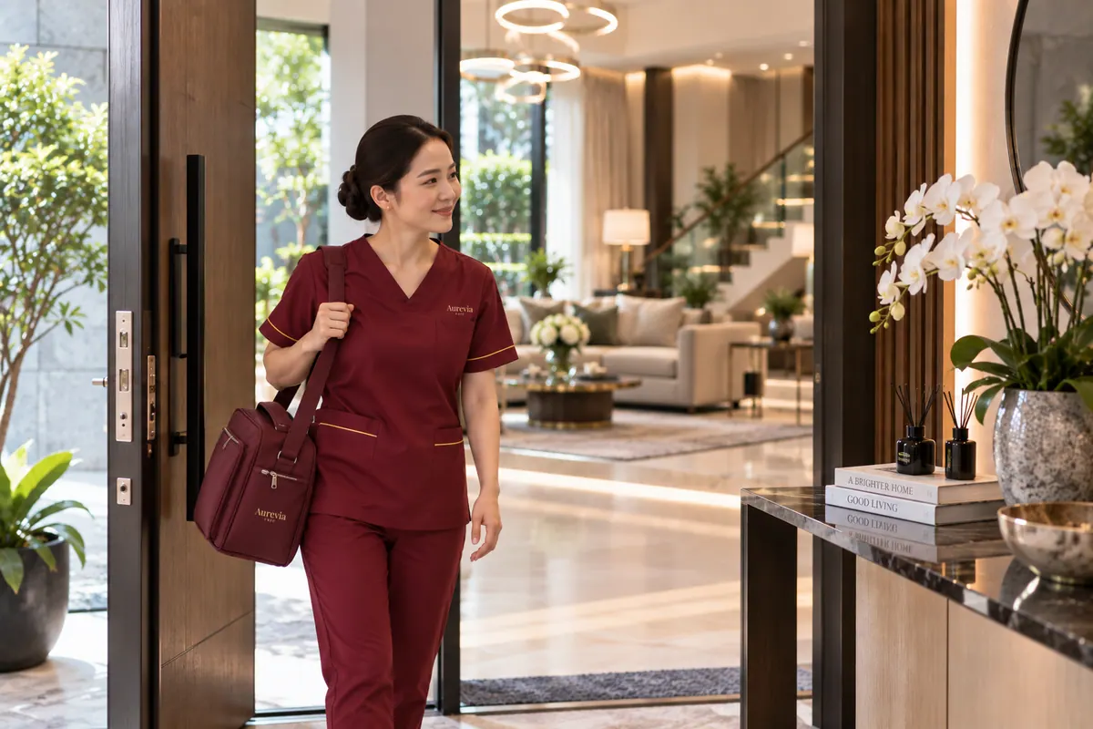 An Aurevia nurse arriving through the front door of a private home, carrying a burgundy care bag