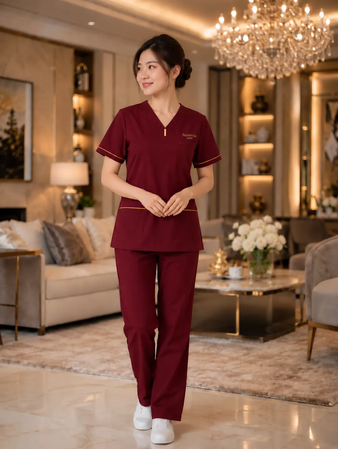 An Aurevia nurse in a burgundy uniform standing in a softly lit living room