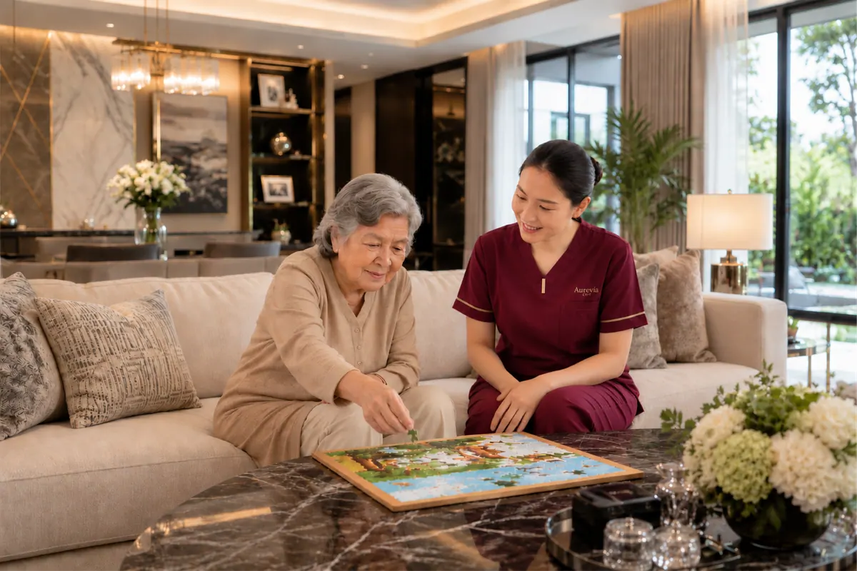 A nurse and an elderly woman completing a jigsaw puzzle together at a coffee table