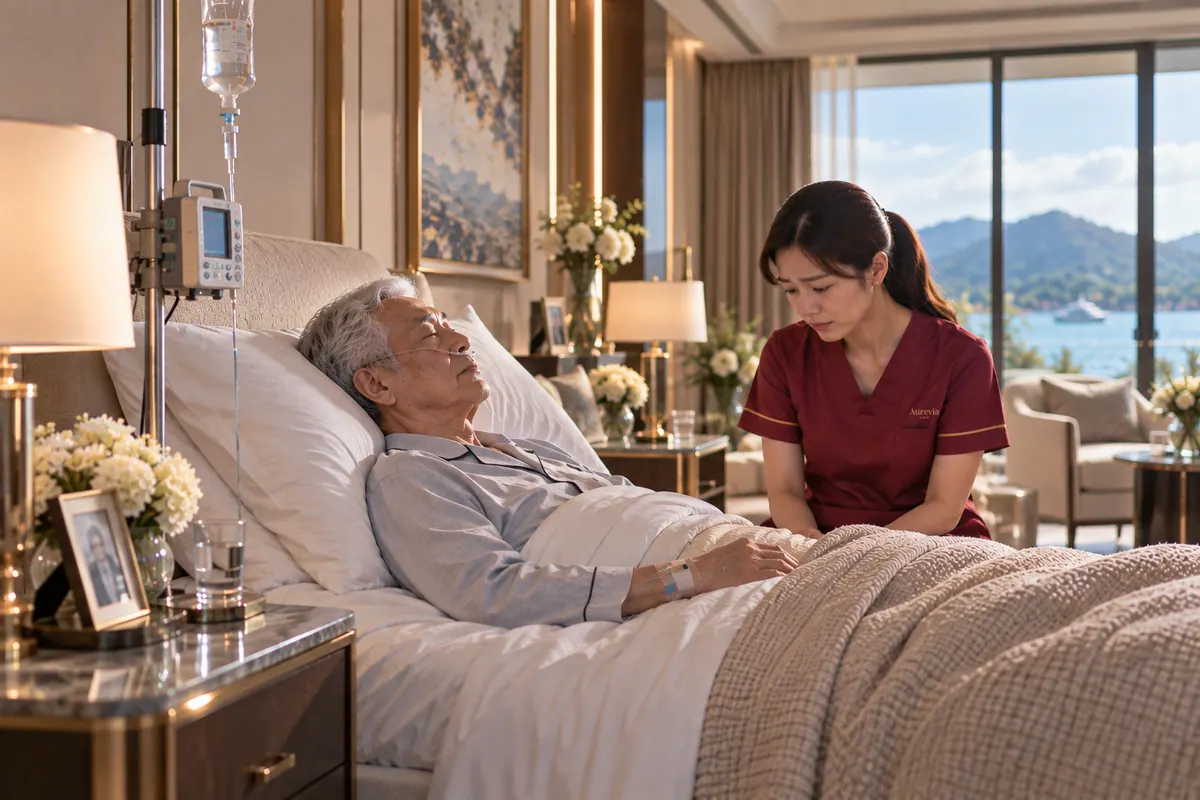A nurse sits quietly at the bedside of an elderly man resting in bed