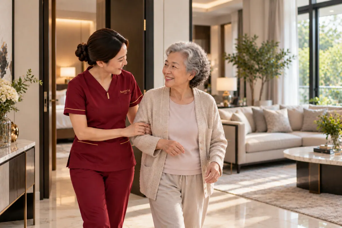 A nurse walks arm in arm with an elderly woman through her home
