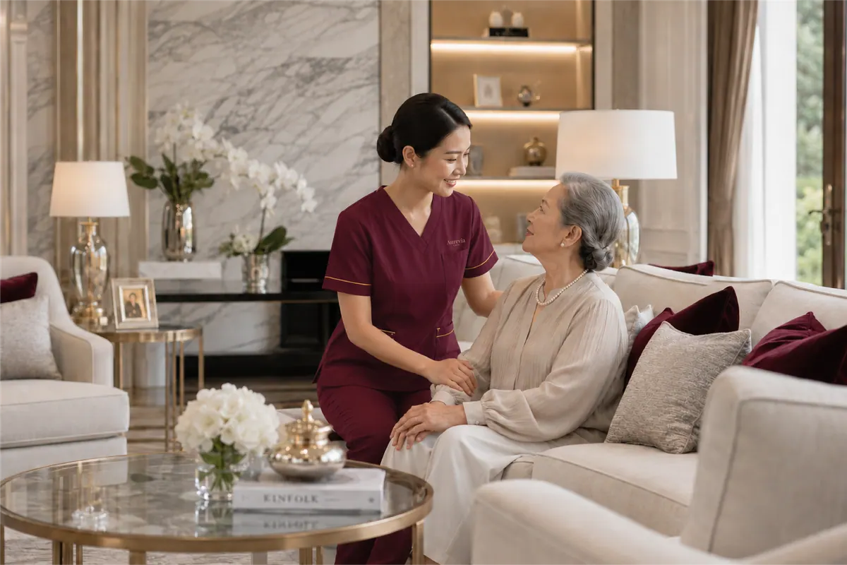 A nurse sits close beside an elderly woman on the sofa in her living room