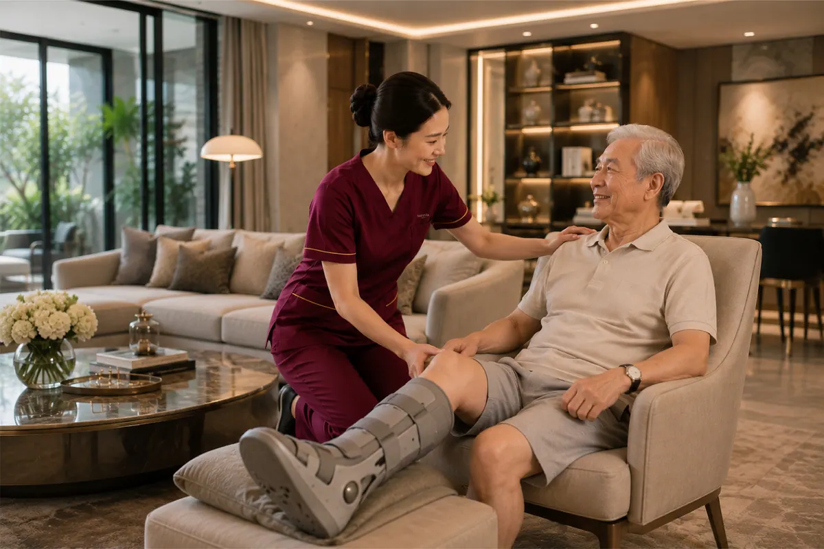 A nurse supports an elderly man wearing a post-operative walking boot as he rests in an armchair