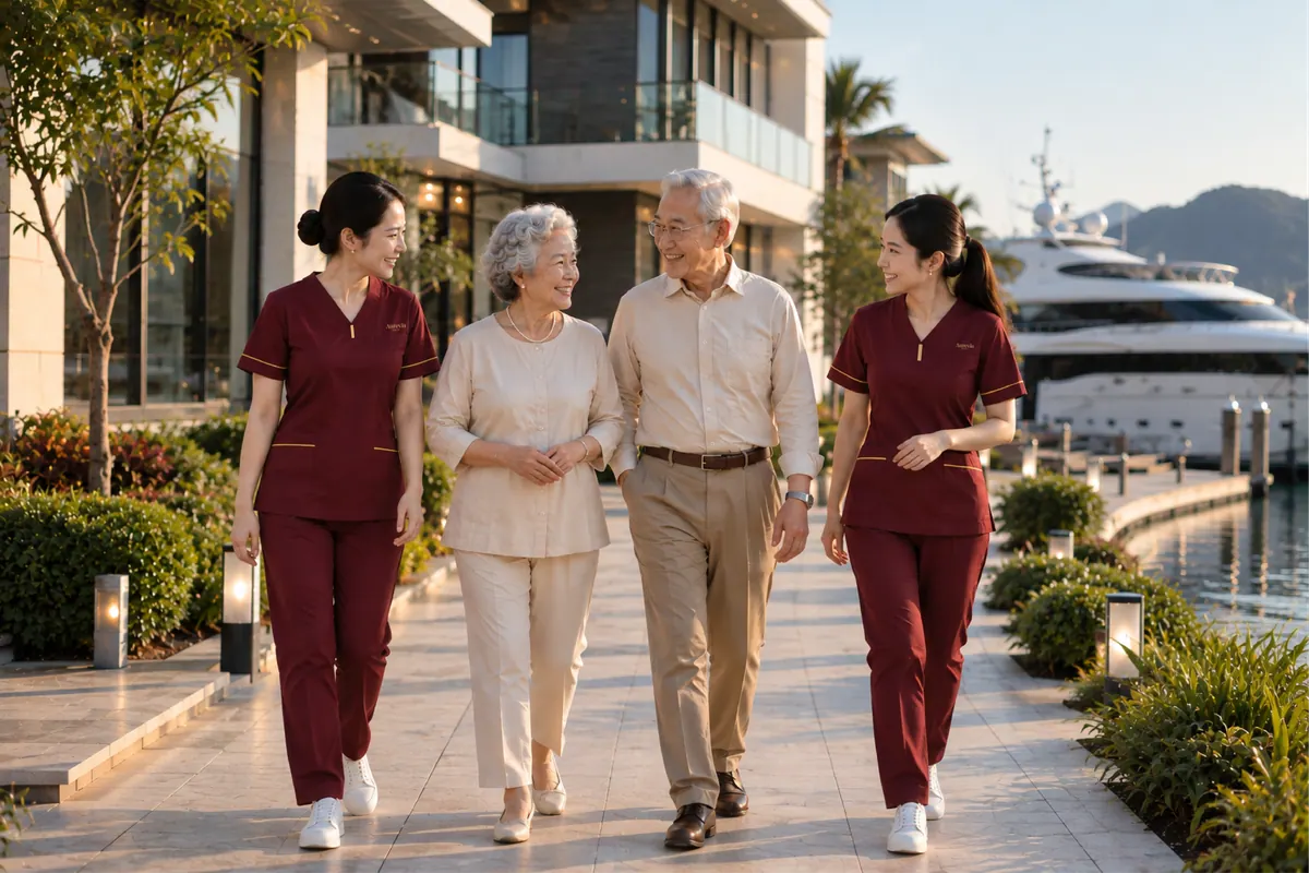 Two Aurevia nurses walking with an elderly couple along a waterfront promenade beside the marina