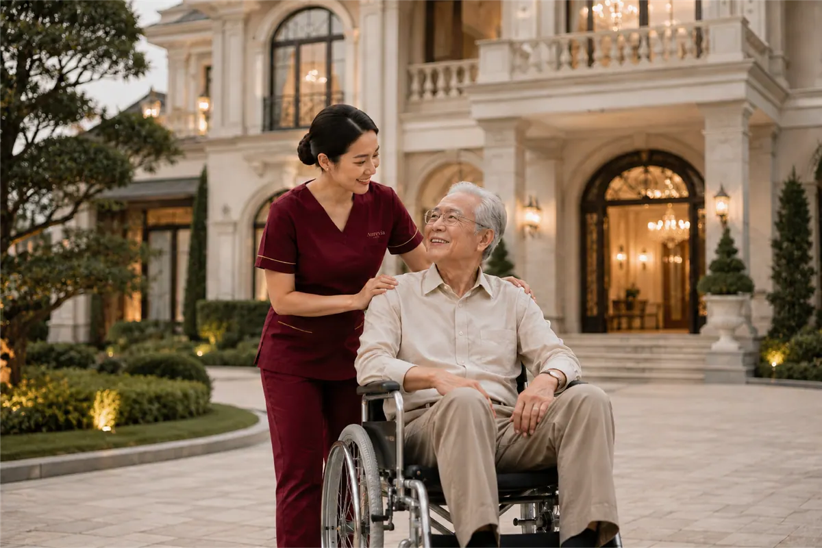 A nurse accompanying an elderly man in a wheelchair outside his family home