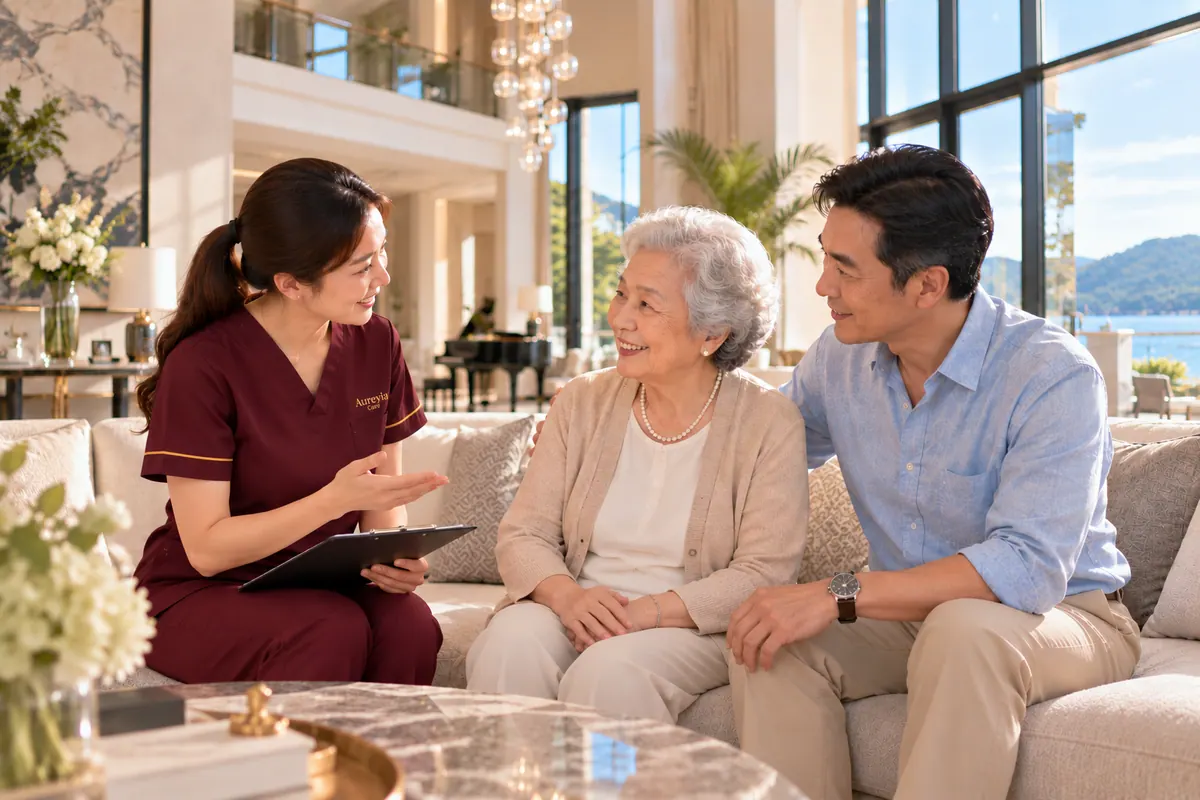 A nurse holding a clipboard talks with an elderly woman and her son on the sofa
